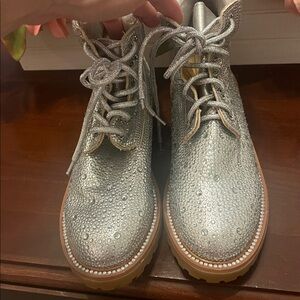 Bella Marie Silver Bling Studded Lace-Up Boots size 5.5 Nwob